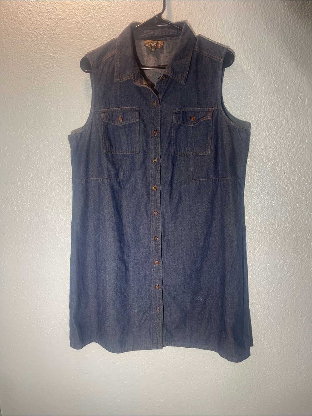 Button-Front Sleeveless Denim Shirt Dress - Dark Blue
